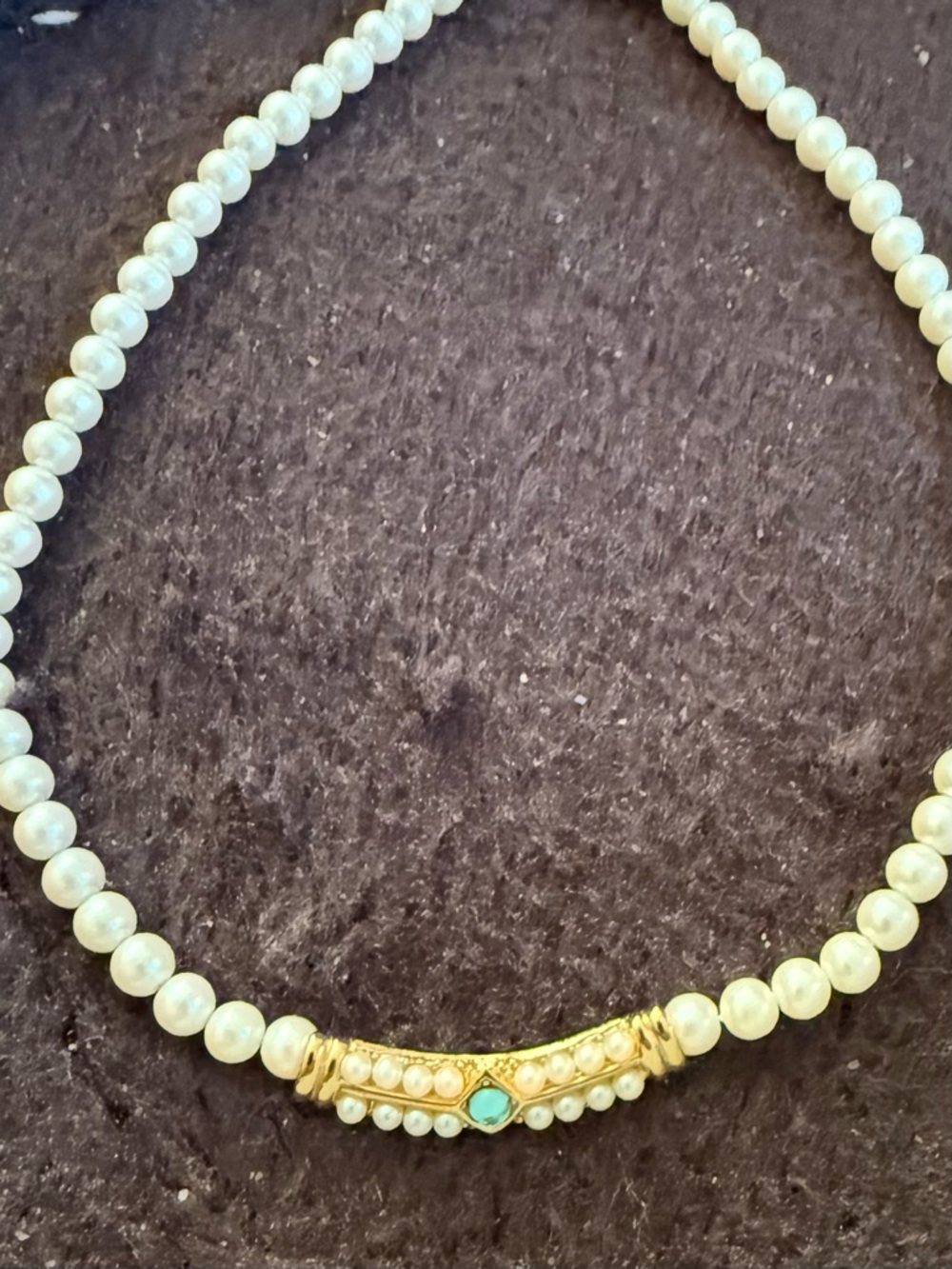 Pearl Necklace with Gold Accent and Green Stone